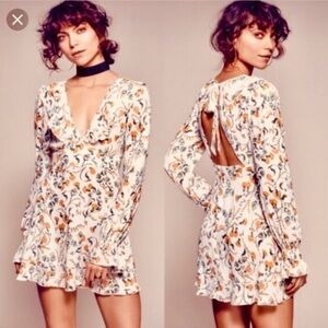 Free People Women’s Floral Long Sleeve Mini Dress Tie Back White Mini Ruffle 🌼